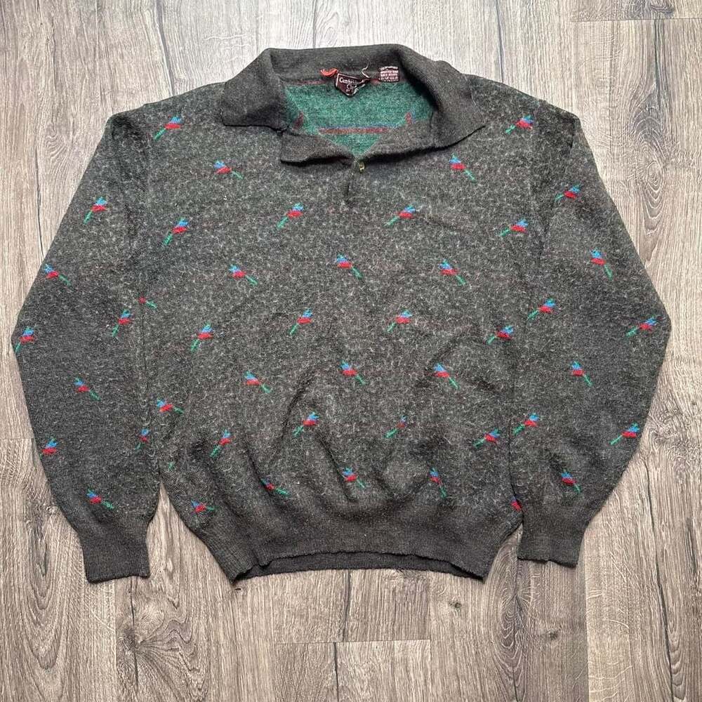 Vintage 80s Cambridge Classics Wool Blend Polo Sweater - Gray Patterned Made in